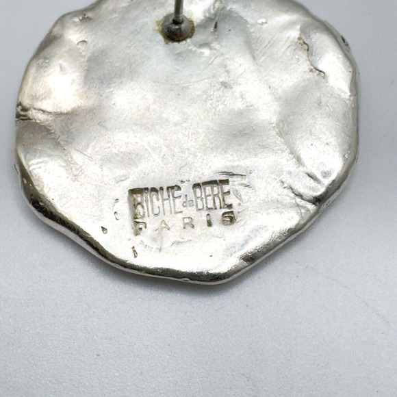 Vintage French Designer BICHE de BERE Brutalist Modernist Silver Tone Earrings - Picture 3 of 5